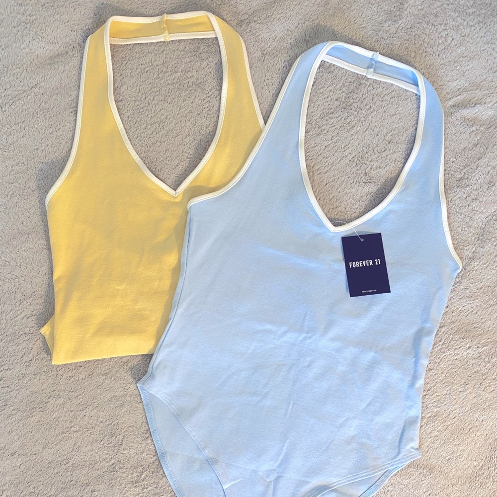 F21 Bodysuit Bundle - Blue NWT, Yellow Like New S